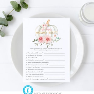 Pumpkin Who Knows Mommy Best, Pumpkin Baby Shower Games, Floral Pink and gold, Editable Who Knows Mommy Best, Little Pumpkin Game