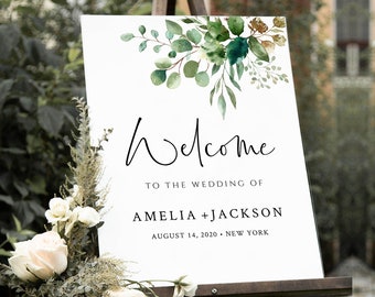 Greenery welcome Sign printable, Editable Eucalyptus Welcome Sign, welcome Calligraphy, welcome to the wedding, Landscape Welcome