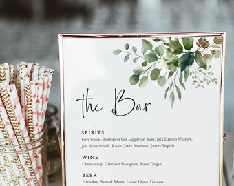 Greenery Bar Menu Sign Template, Wedding Bar Sign Printable, Drinks Sign, Wedding Sign, Drink Menu Sign, Bar Menu Sign 8x10