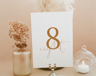 Könnte beinhalten: Eine weiße Karte mit der Zahl 8 und dem Wort "acht" in goldener Schrift. Die Karte liegt auf einem Tisch mit einer kleinen Vase mit Trockenblumen, einer Glaskugel mit einer Kerze und einem weißen Teller.