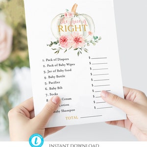Pumpkin The Price Is Right template, Pumpkin Baby Shower Games, Floral Pink and gold, Editable The Price Is Right, Little Pumpkin Game