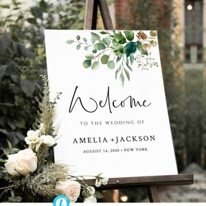Greenery welcome Sign printable, Editable Eucalyptus Welcome Sign, welcome Calligraphy, welcome to the wedding, Landscape Welcome