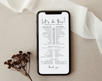 Wedding Party Timeline, Minimalist Wedding Order of Events, Phone Itinerary for Bridesmaids, Phone Wedding Party Itinerary Schedule, Britney