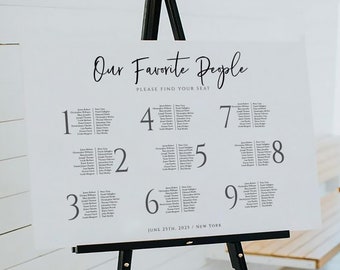 May include: A white wedding seating chart with black text. The chart is titled "Our Favorite People" and has a list of names under each table number from 1 to 9. The chart also includes the date "June 25th, 2025" and the location "New York".