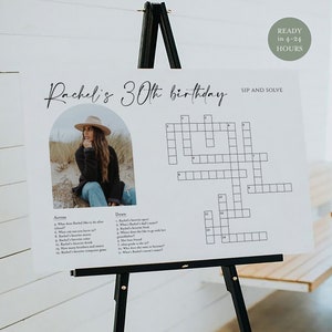 Custom 30th Birthday Crossword Game, Personalized Puzzle Game, Look Who's 30 Crossword with Photo, Minimalist Sip and Solve, Heather