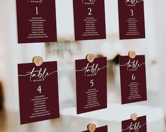 5x7 Wedding Seating Chart Burgundy Template, Elegant Seating plan, Marsala Seating Chart Printable, Heather