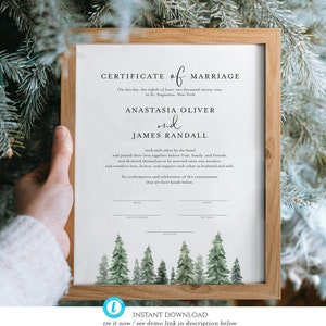 Rustic Pine Marriage Certificate Template, Pine Tree Marriage Certificate, Forest Certificate Printable, Winter Certificate Marriage, Chloe
