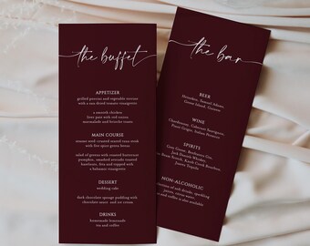 Burgundy Buffet Menu Bar Template: Modern Party Dinner Cards 4x9 Digital Download, Heather
