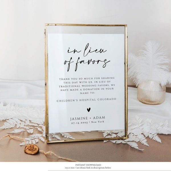 In Lieu of Favors Sign, Minimalist In Lieu of Favors Sign, Printable In Lieu of Favors Sign, Charity Donation Sign, Heather