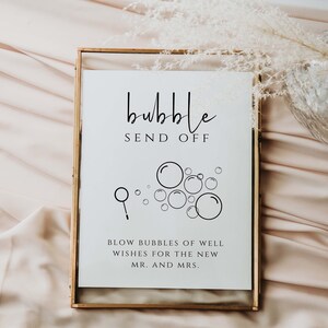 May include: A white sign with black text and a simple illustration of bubbles and a wand. The sign reads "bubble send off" and "blow bubbles of well wishes for the new mr. and mrs."