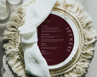 Half Arch Wedding Burgundy Menu Template, Boho Half Moon Menu Card, Bohemian Arched Dinner