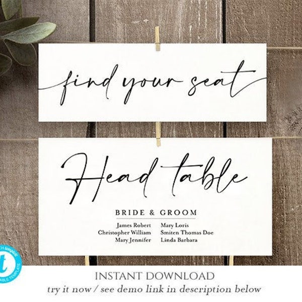 Head Table Template Calligraphy, Find Your Seat Template, Editable Find Your Seat 9x3, Editable Seating Chart, Mr and Mrs Printable, Heather