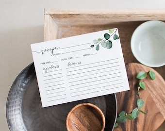 Greenery Recipe Card Printable, Recipe Card Template, Diy Recipe Card, Green Leaf Recipe Card, eucalyptus recipe card, Monica