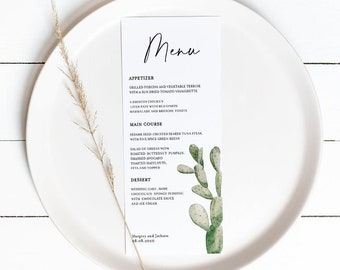 Cactus Menu Card Template, Dinner Menu for Wedding, Bridal Shower, Arizona wedding menu, 100% Editable Text, cactus party menu 4x9