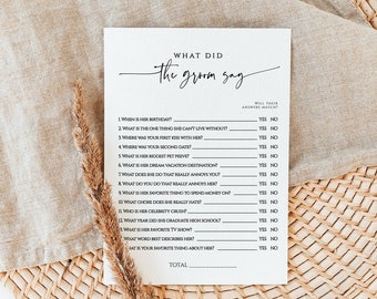 What Did The Groom Say, Minimalist Bridal Shower Game, Minimalist Bride And Groom Trivia, Editable What Did The Groom Say