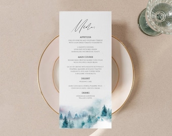 Mountain Menu Card Template, Winter Menu Card, Dinner Menu for Wedding, Forest Menu Card, Pine Tree Wedding Menu, Printable Menu