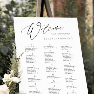 May include: A white wedding seating chart with black text. The chart is titled "Welcome" and lists guest names alphabetically by last name. The chart is for a wedding reception for Beverly and Arnold.