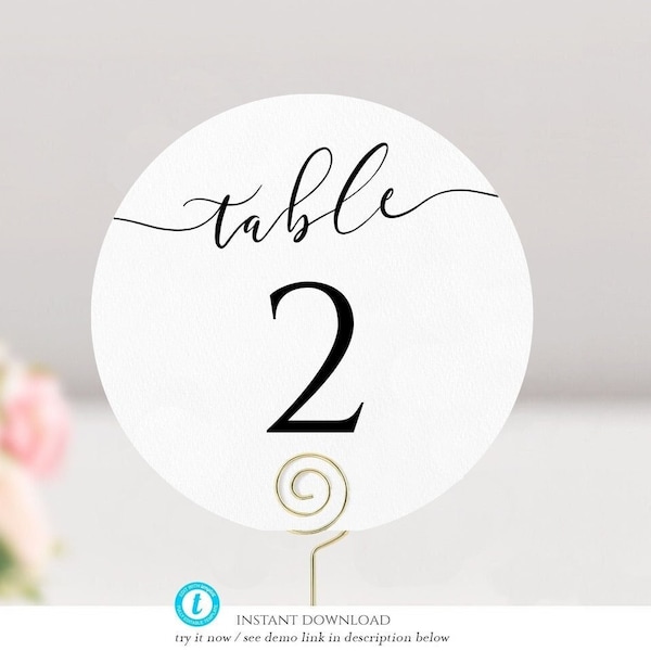 Table Numbers Card Calligraphy, Round Table Number Elegant, Circle Table Numbers, Printable Table Template Number, 100% editable, Catherine