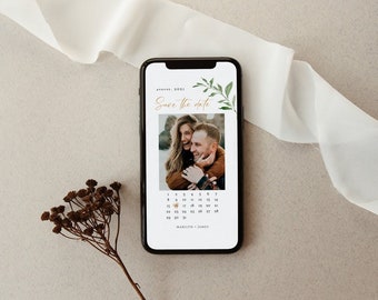 May include: A digital save the date card with a photo of a couple, a calendar with August 2021 highlighted, and the text "Save the date" in a handwritten font. The card also includes the names "Marilyn + James".