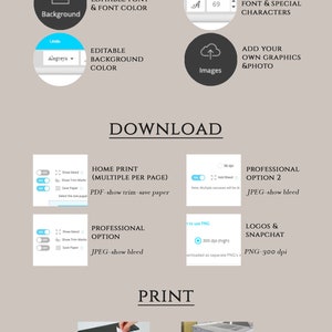May include: A graphic showing the steps to create and download a printable design. The steps include editing the background, font, and images, then downloading the design as a PDF or JPEG file. The final step is to print the design at home or professionally.