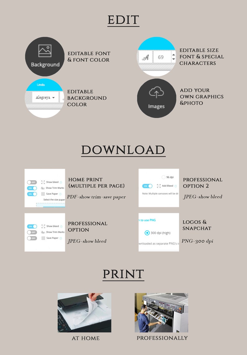 May include: A graphic showing the steps to create and download a printable design. The steps include editing the background, font, and images, then downloading the design as a PDF or JPEG file. The final step is to print the design at home or professionally.