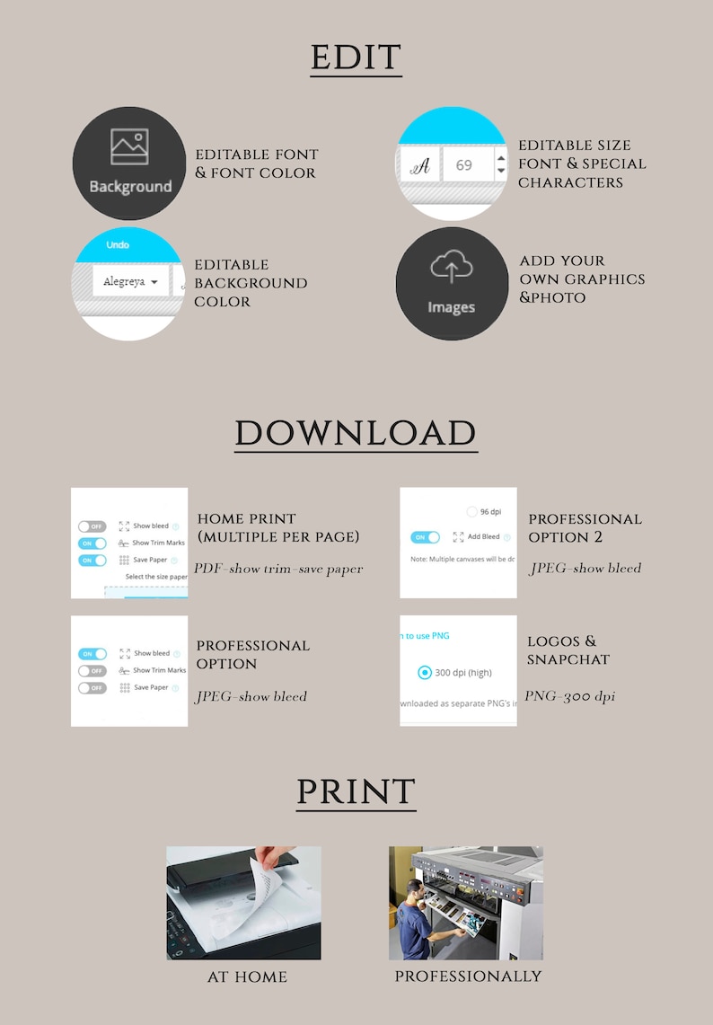 May include: A graphic design interface with options for editing text, background, and images. Features include font customization, image uploads, and download options for home or professional printing. The image also shows print options.