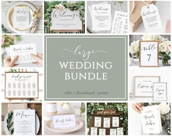 May include: A large wedding bundle with editable templates for various wedding stationery, including welcome signs, table numbers, seating charts, menus, and thank you cards. The templates feature a simple, elegant design with white text on a green background.