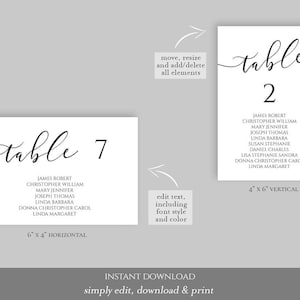 May include: White wedding table number cards with elegant black script. One card is horizontal and reads "table 7", the other is vertical and reads "table 2". Includes guest names and dimensions.