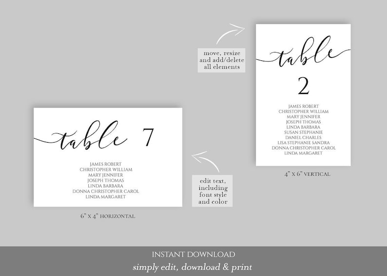 May include: White wedding table number cards with elegant black script. One card is horizontal and reads "table 7", the other is vertical and reads "table 2". Includes guest names and dimensions.