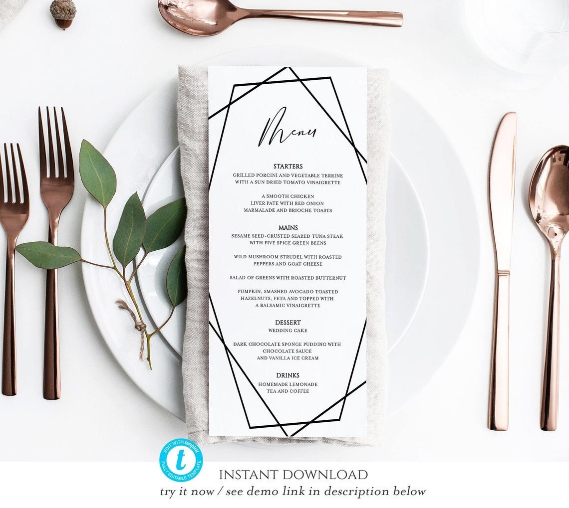 Wedding Menu Template, Black Geometric Menu Cards, Editable Black Menu,  Calligraphy Menu, Party Menu Printable Dinner 4x9 - Etsy, image size:1140x1019