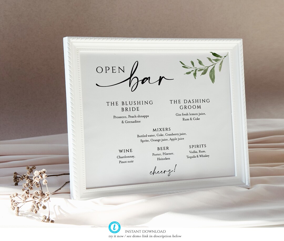 Greenery Bar Sign Template, Editable Wedding Drinks Menu Sign Template ...
