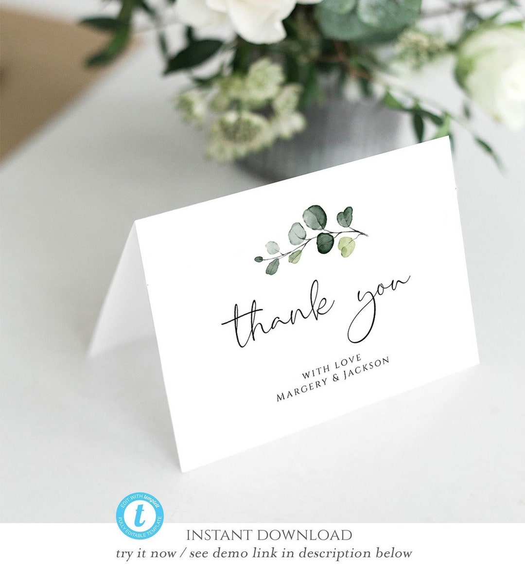 Greenery Thank You Card Template, Eucalyptus Thank You Card, Greenery