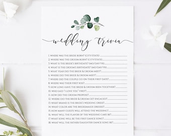 Wedding trivia greenery, Editable Bridal Shower Game, Bride And Groom Trivia, Couples Shower, Wedding Shower Game greenery, Monica