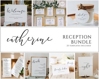 Modern Wedding Reception Bundle, Editable Wedding Sign Template Set, Minimal Wedding Signs, Reception Wedding Kit, Seating Chart, Catherine
