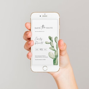 May include: A mobile phone screen displaying a save the date card with a cactus illustration. The card reads "Save the Date" for the wedding of Emely and Ronald on Saturday, July 25th, 2020 at Everson Royce, Los Angeles. The text "formal invitation to follow" is also included.