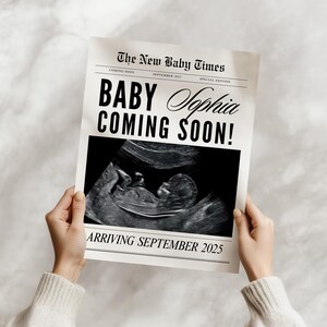 Newspaper pregnancy announcement Canva, Large newspaper baby announcement, Newspaper baby shower, Baby is coming printable template