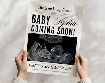 Newspaper pregnancy announcement Canva, Large newspaper baby announcement, Newspaper baby shower, Baby is coming printable template