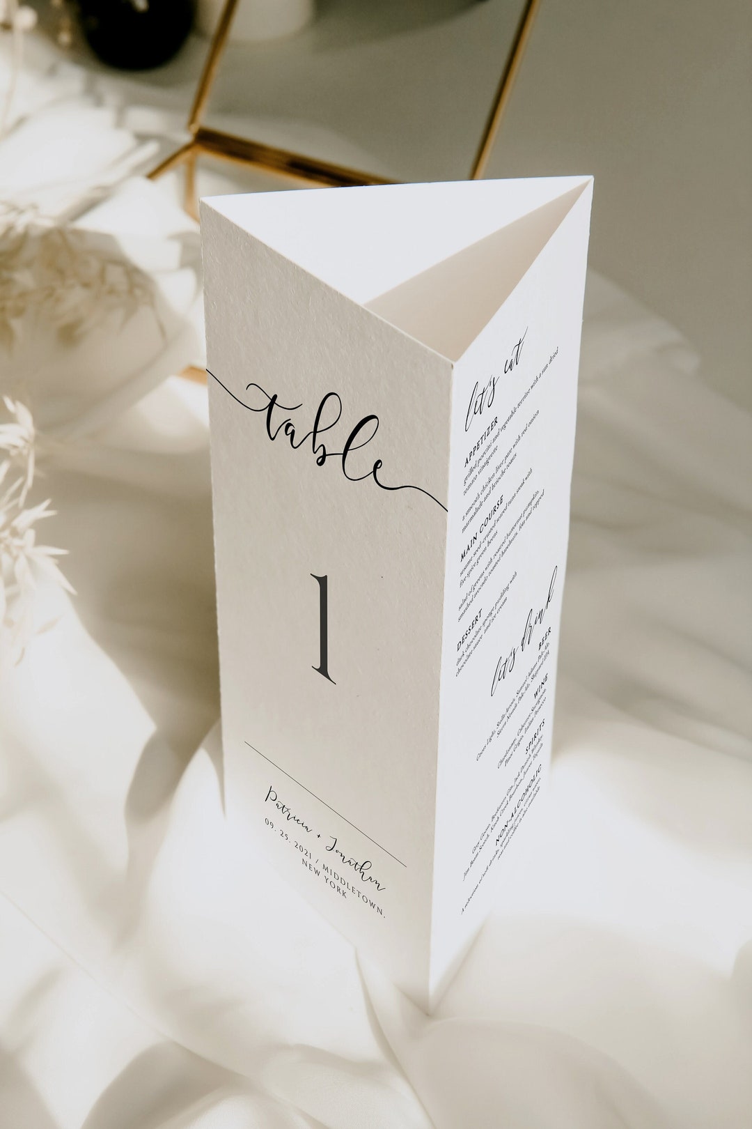 Trifold Table Menu Template, Modern Wedding Triangle Table Number ...