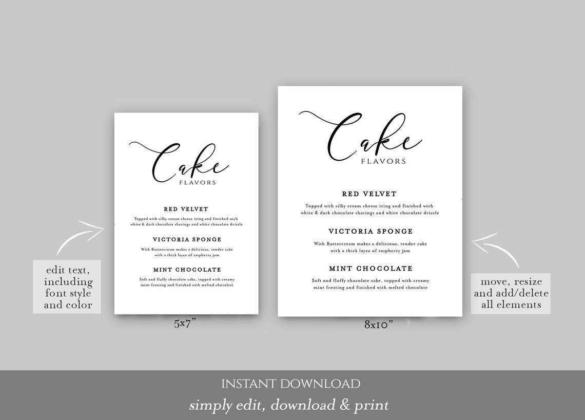 Cake Sign Template, Cake Table Sign, Wedding Cake Stand, Cake Flavors ...