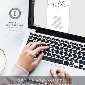 May include: A laptop displaying a wedding table number template with the number 1 and guest names. The text "table" is in a script font. The screen also shows the text "EDIT ON ANY COMPUTER" and "SAMPLE THIS TEMPLATE NOW!"
