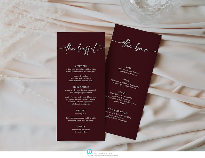 Script Text Buffet Burgundy Buffet Menu Bar Template: Modern Party Dinner Cards 4x9 ...