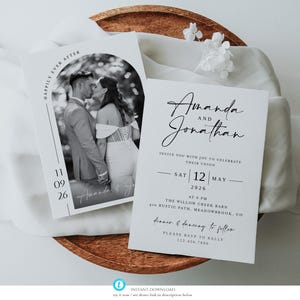 May include: Elegant wedding invitation suite featuring a black and white photo of a couple kissing. The invitation includes the names "Amanda and Jonathan", date, time, and location details. The design is minimalist and modern, with a touch of romance.