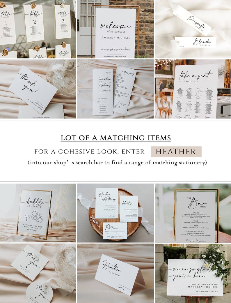 Op de afbeelding: Een set huwelijksstationery met een moderne kalligrafie stijl. De stationery omvat een welkomstbord, tafelnummers, een zitplaatskaart, een barmenu en een bedankkaart. De stationery is gedrukt op wit karton met zwarte inkt.