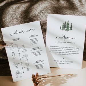 Op de afbeelding: Een huwelijksuitnodiging met een aquarel-illustratie van een bos. De uitnodiging bevat een tijdlijn van evenementen voor het huwelijksweekend, waaronder een welkomstmaaltijd, een huwelijksceremonie, een receptie en een brunch. De tekst op de uitnodiging luidt "Weekend Events" en "Welkom Familie en Vrienden".
