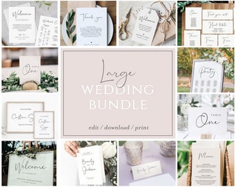 May include: A large wedding printable bundle with a variety of designs, including welcome signs, table numbers, seating charts, menus, and thank you cards. The designs feature a minimalist aesthetic with handwritten calligraphy and greenery accents.