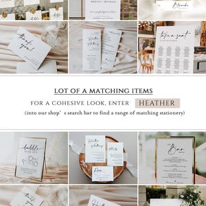 May include: A collection of elegant wedding stationery featuring minimalist designs. Includes table numbers, welcome signs, place cards, menus, and thank you cards. The text is in a modern script font, with gold accents and a neutral color palette.