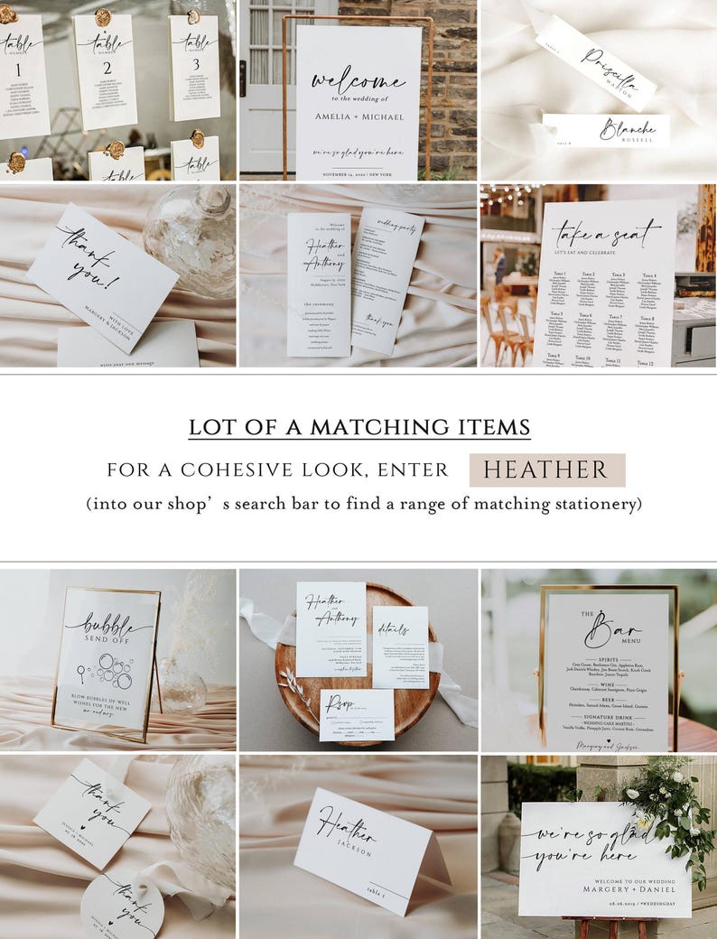 May include: A collection of elegant wedding stationery featuring minimalist designs. Includes table numbers, welcome signs, place cards, menus, and thank you cards. The text is in a modern script font, with gold accents and a neutral color palette.