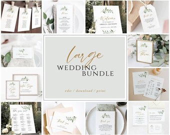 May include: A large wedding bundle with editable and printable templates. The bundle includes a welcome sign, table numbers, seating chart, menu, thank you cards, and more. The designs feature a simple, elegant style with greenery and gold accents.