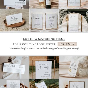 Pu&ograve; includere: Una collezione di articoli di cancelleria per matrimoni con un design minimalista che presenta calligrafia nera su carta bianca. La cancelleria include cartelli per la cerimonia, il ricevimento e il tavolo dei regali, nonch&eacute; segnaposto, menu e un cartello per una bevanda firmata.