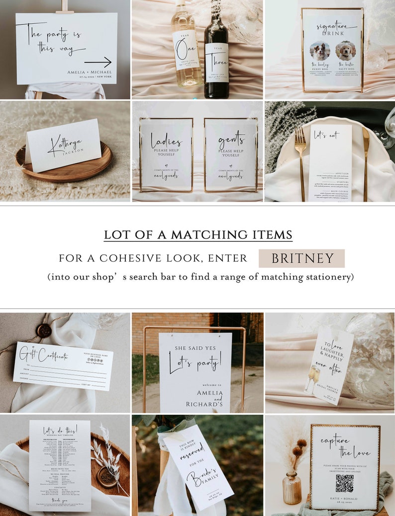 Pu&ograve; includere: Una collezione di articoli di cancelleria per matrimoni con un design minimalista che presenta calligrafia nera su carta bianca. La cancelleria include cartelli per la cerimonia, il ricevimento e il tavolo dei regali, nonch&eacute; segnaposto, menu e un cartello per una bevanda firmata.